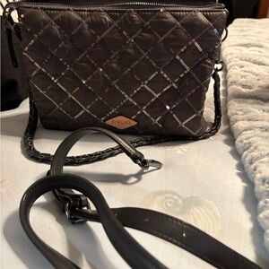 MZ Wallace Dark Brown Quilted Crossbody with Silver Accents